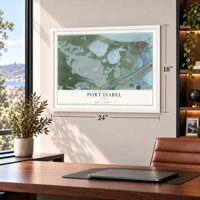Port Isabel, Texas map, 18 x 24 inch print in a white frame in a home office