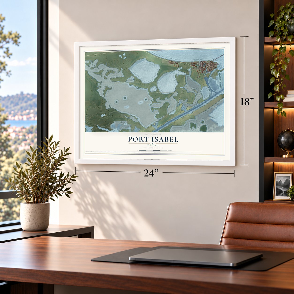 Port Isabel, Texas map, 18 x 24 inch print in a white frame in a home office