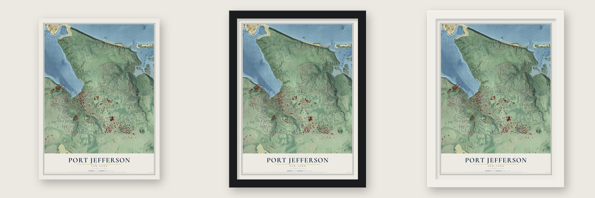 Port Jefferson, New York map unframed, in a black wood frame and in a white wood frame