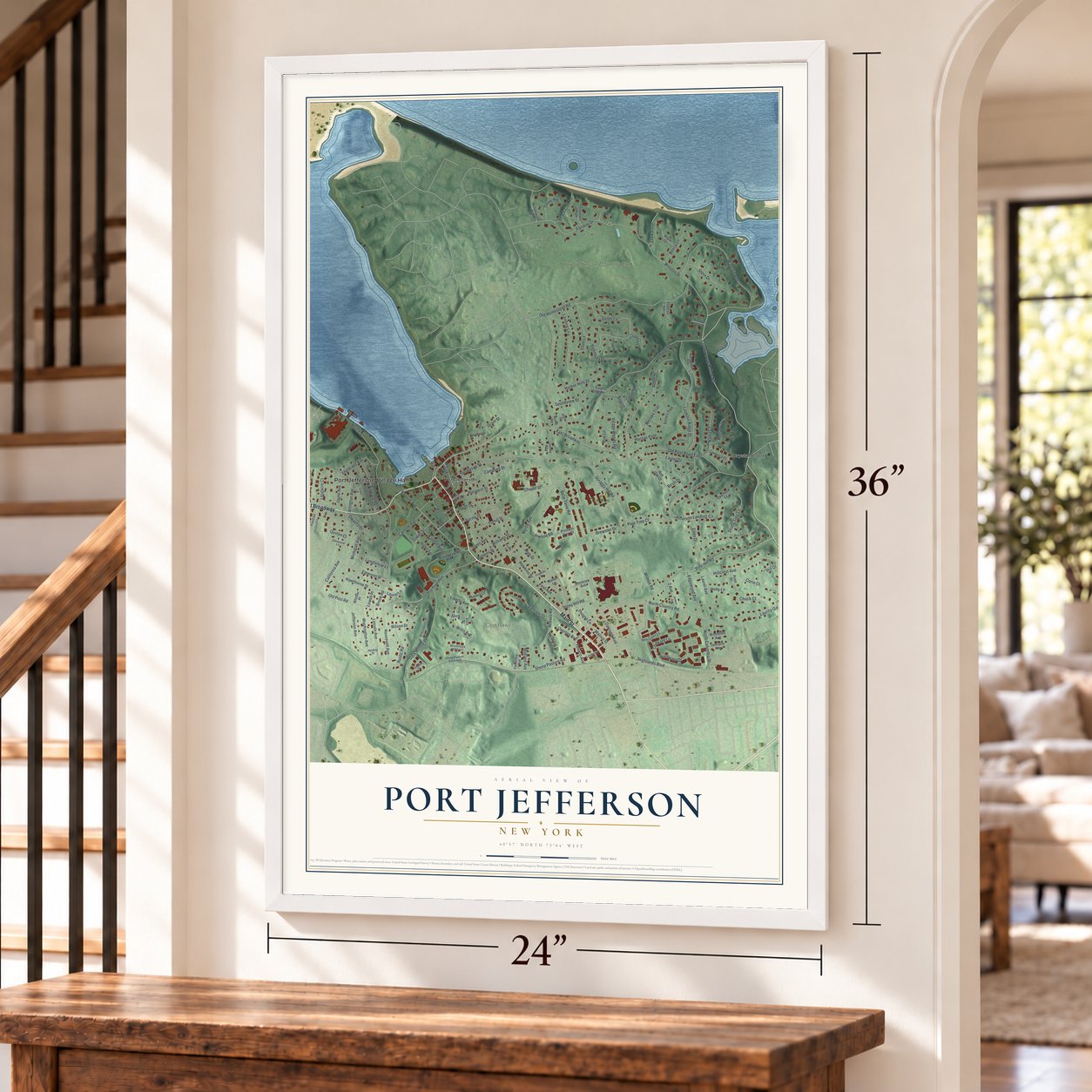 Port Jefferson, New York map, 24 x 36 inch print in a white frame by a staircase