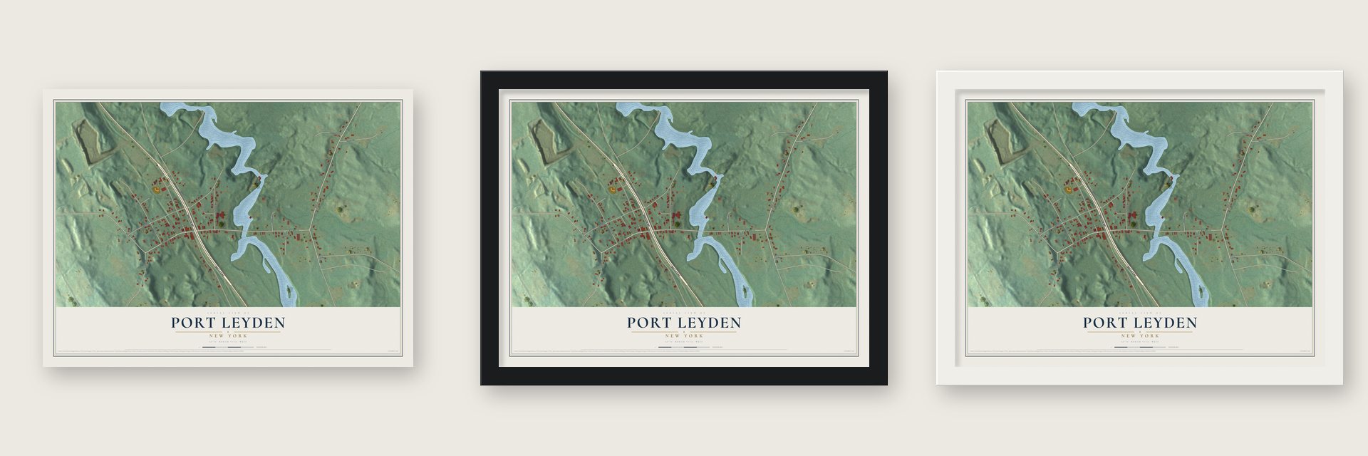 Port Leyden, New York map unframed, in a black wood frame and in a white wood frame