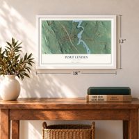 Port Leyden, New York map, 12 x 18 inch print in a white frame in an entryway