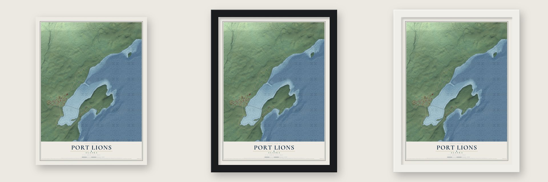 Port Lions, Alaska map unframed, in a black wood frame and in a white wood frame