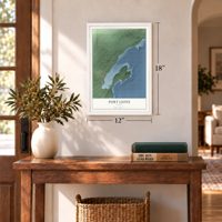Port Lions, Alaska map, 12 x 18 inch print in a white frame in an entryway