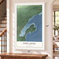 Port Lions, Alaska map, 24 x 36 inch print in a white frame by a staircase