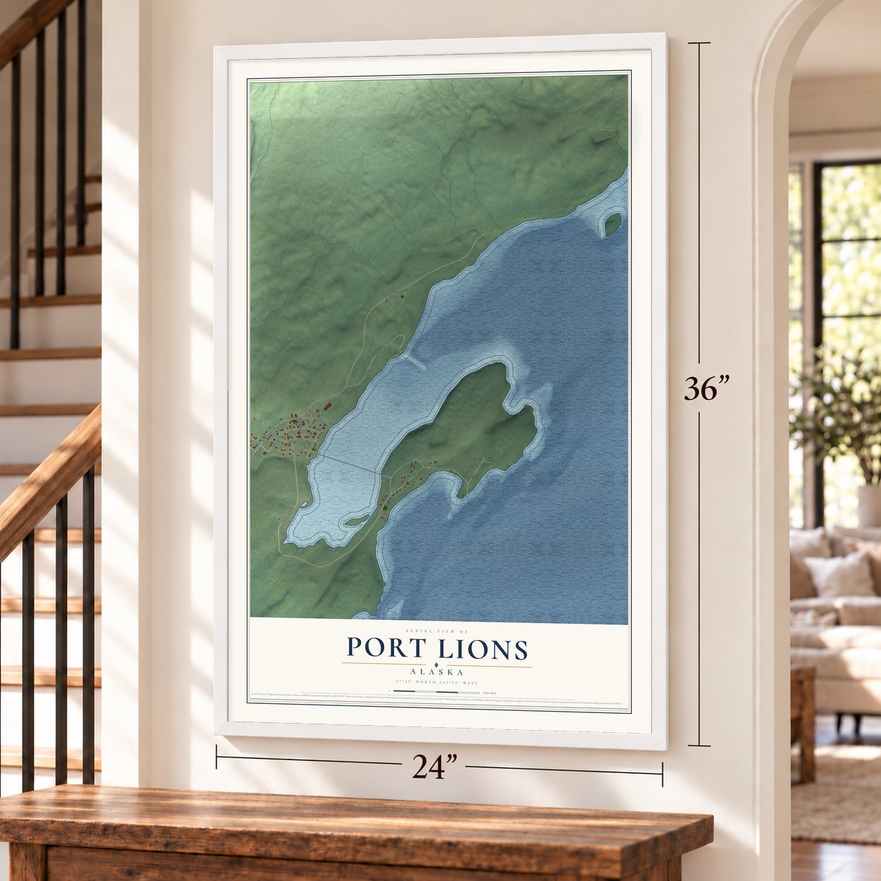 Port Lions, Alaska map, 24 x 36 inch print in a white frame by a staircase