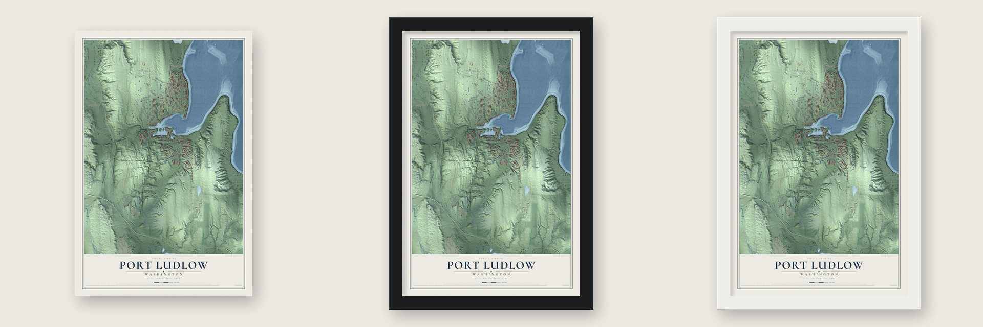 Port Ludlow, Washington map unframed, in a black wood frame and in a white wood frame