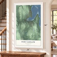 Port Ludlow, Washington map, 24 x 36 inch print in a white frame by a staircase