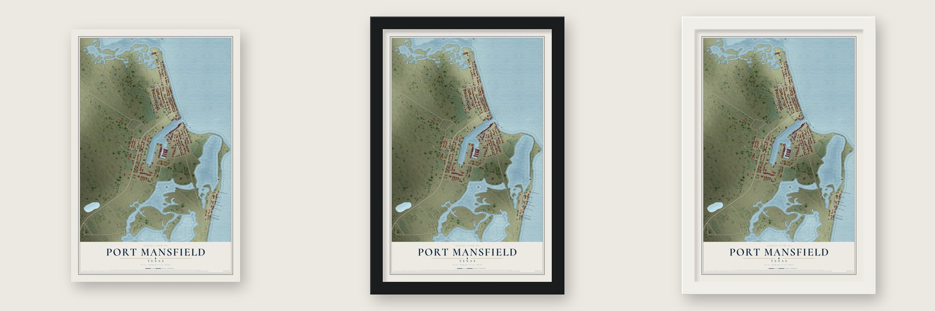 Port Mansfield, Texas map unframed, in a black wood frame and in a white wood frame