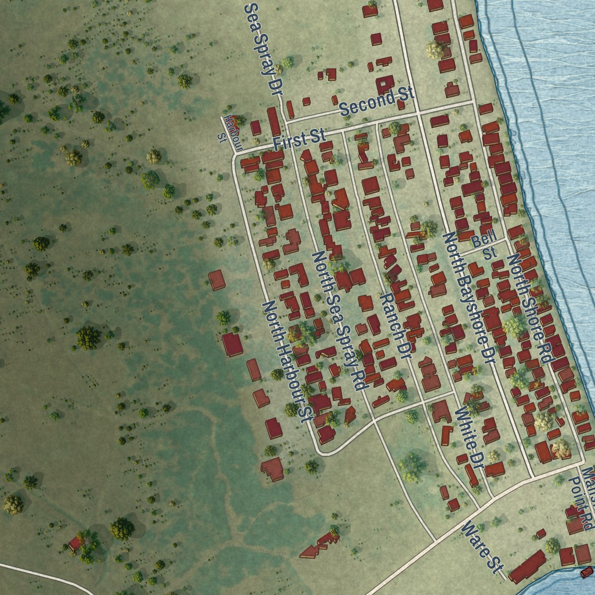 Second close-up of the map of Port Mansfield, Texas print showing more streets and buildings