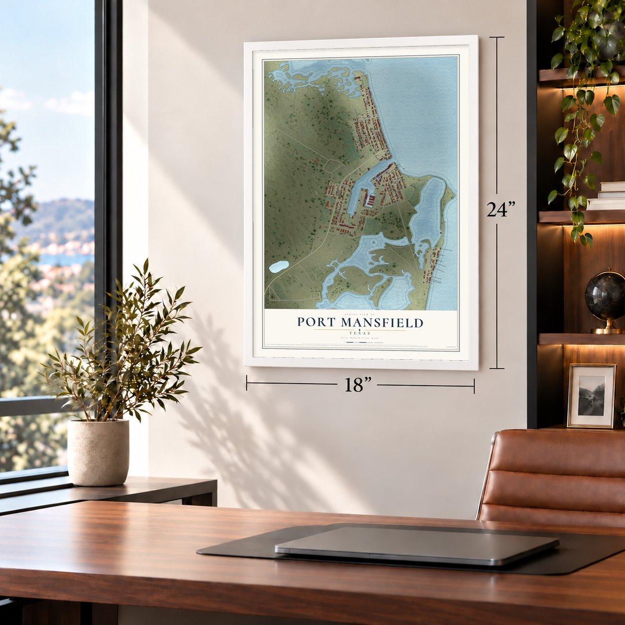 Port Mansfield, Texas map, 18 x 24 inch print in a white frame in a home office