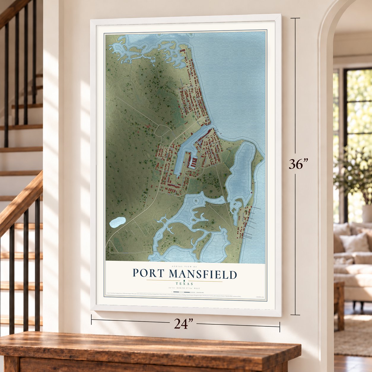 Port Mansfield, Texas map, 24 x 36 inch print in a white frame by a staircase