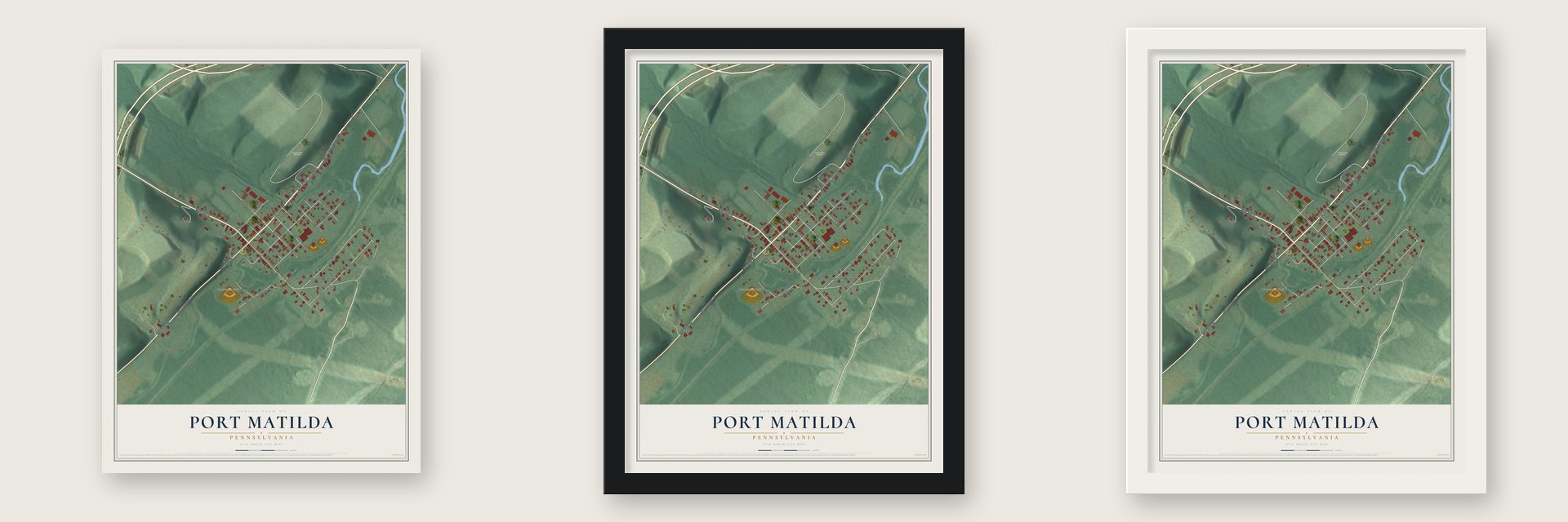 Port Matilda, Pennsylvania map unframed, in a black wood frame and in a white wood frame