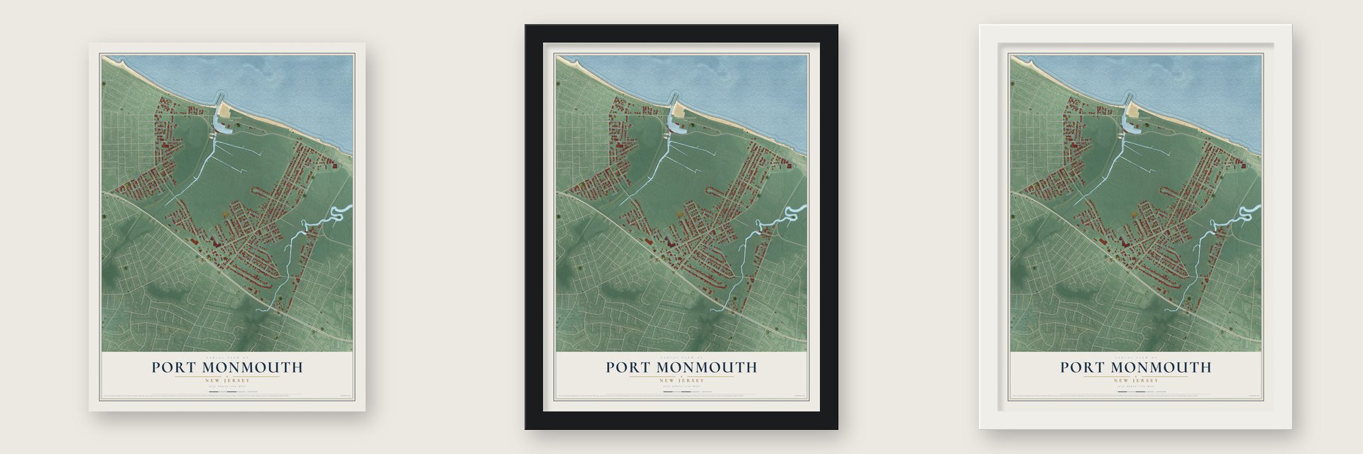 Port Monmouth, New Jersey map unframed, in a black wood frame and in a white wood frame
