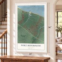 Port Monmouth, New Jersey map, 24 x 36 inch print in a white frame by a staircase