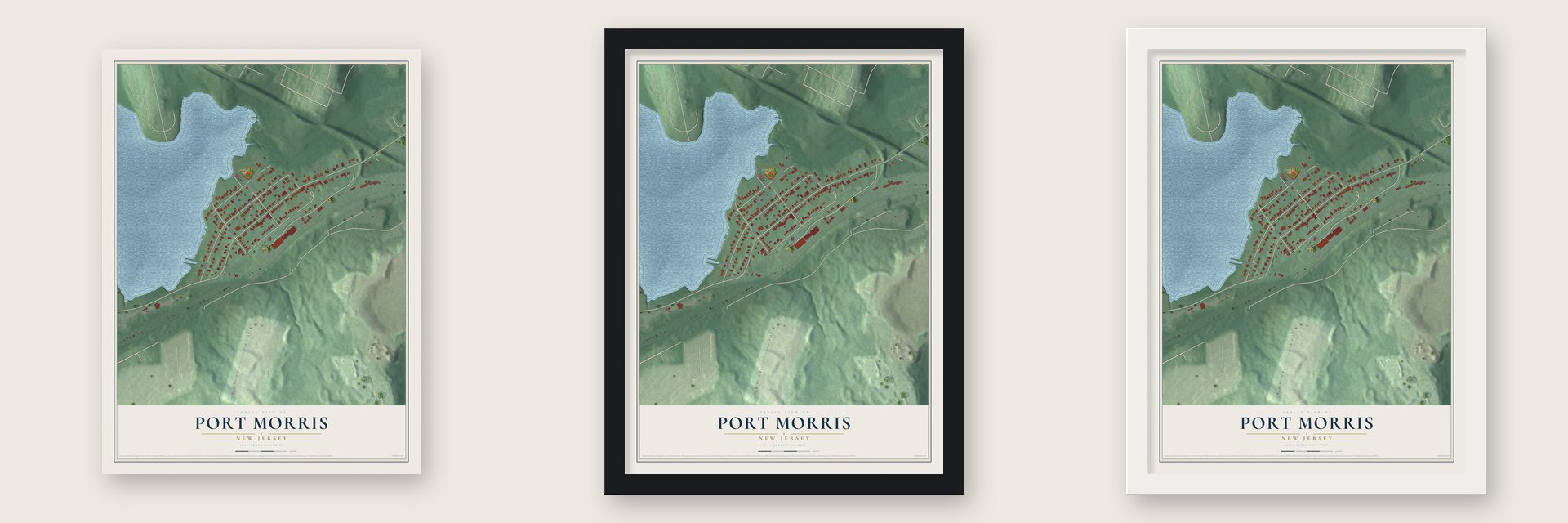 Port Morris, New Jersey map unframed, in a black wood frame and in a white wood frame