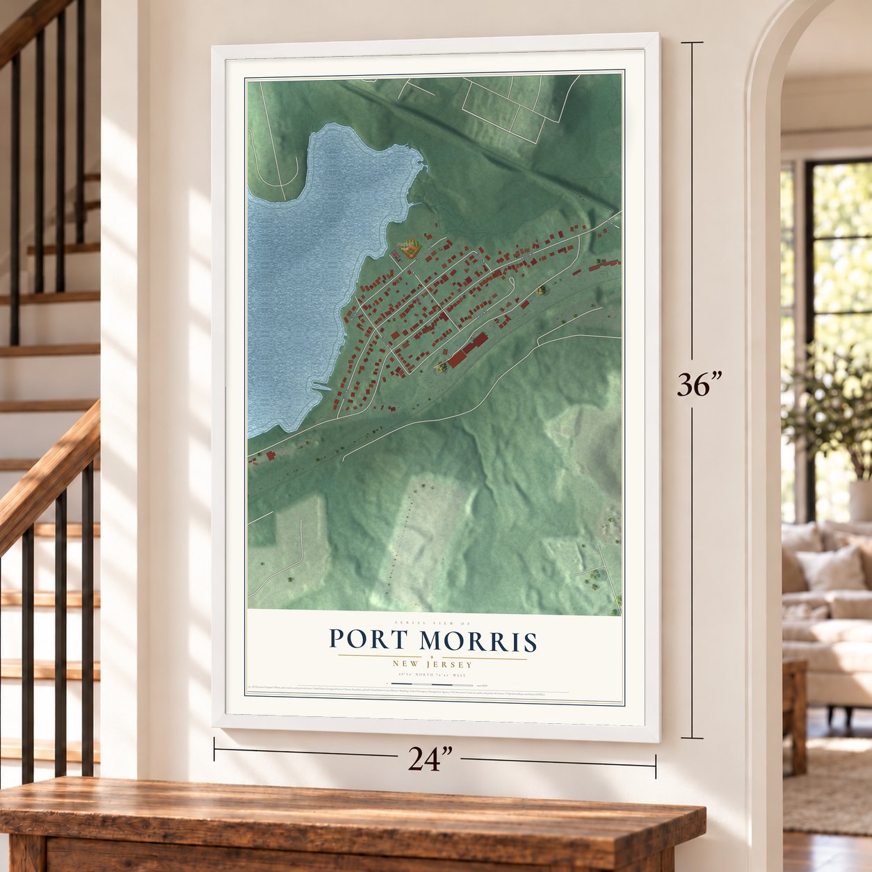 Port Morris, New Jersey map, 24 x 36 inch print in a white frame by a staircase