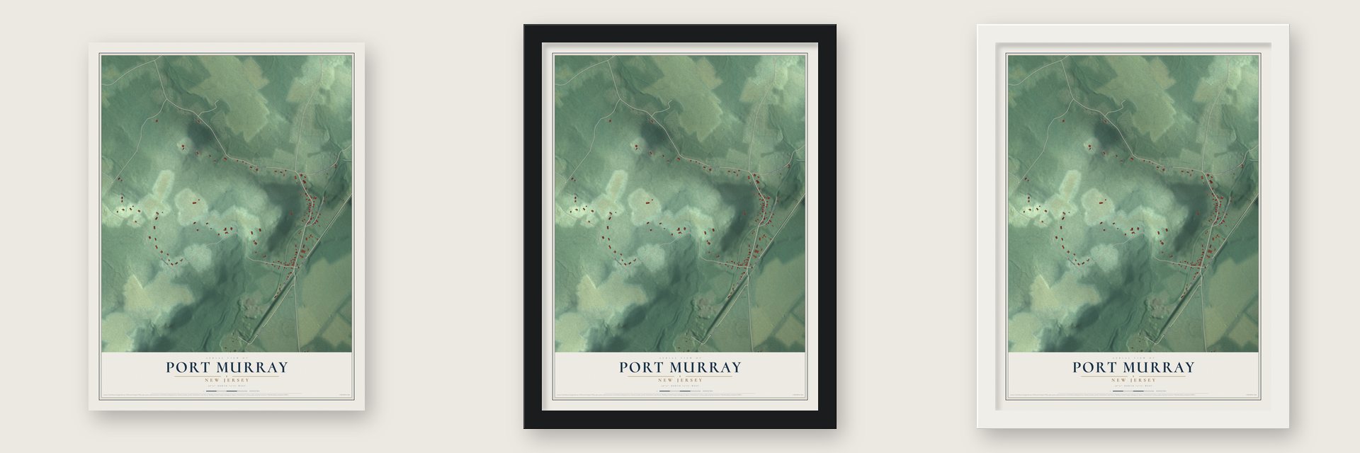 Port Murray, New Jersey map unframed, in a black wood frame and in a white wood frame