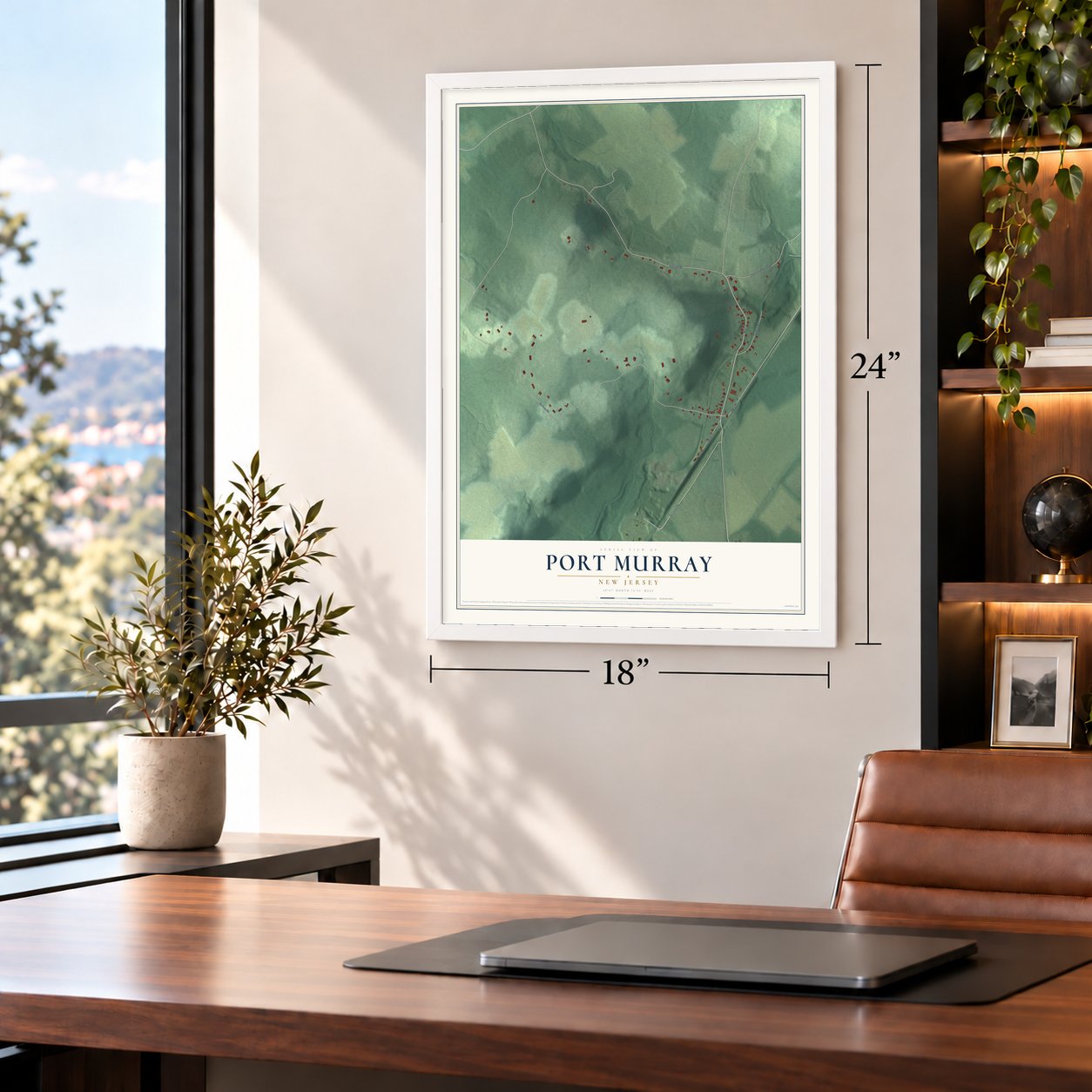 Port Murray, New Jersey map, 18 x 24 inch print in a white frame in a home office