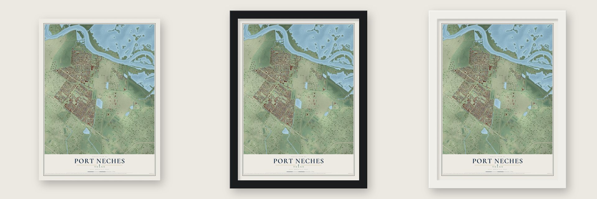 Port Neches, Texas map unframed, in a black wood frame and in a white wood frame