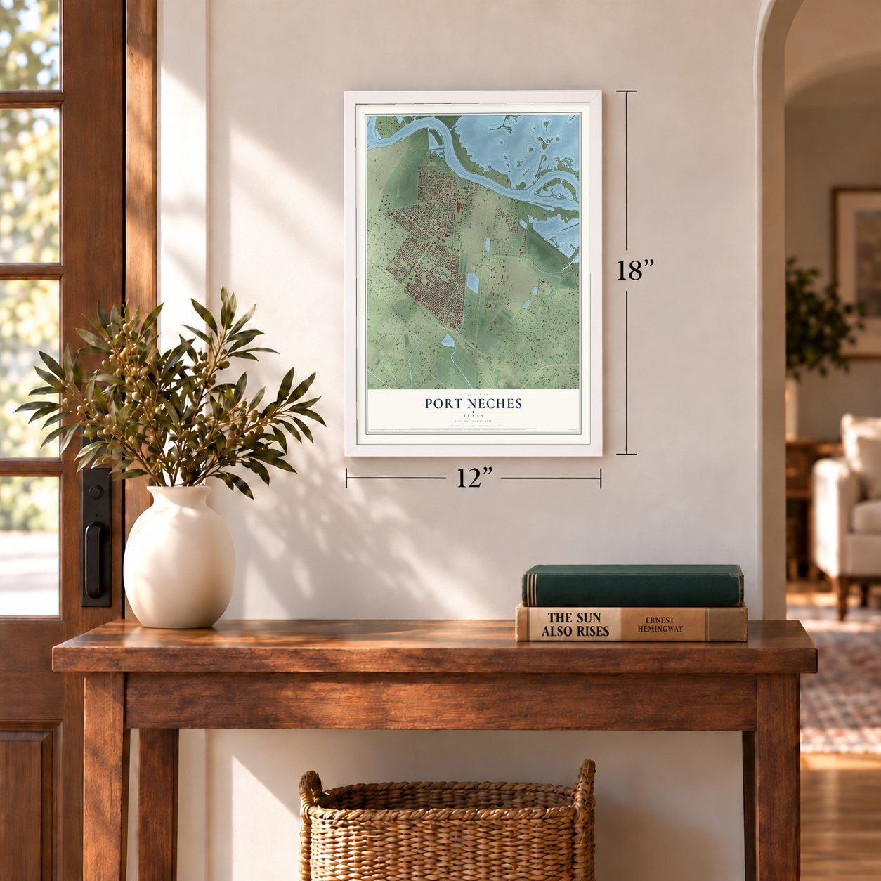 Port Neches, Texas map, 12 x 18 inch print in a white frame in an entryway