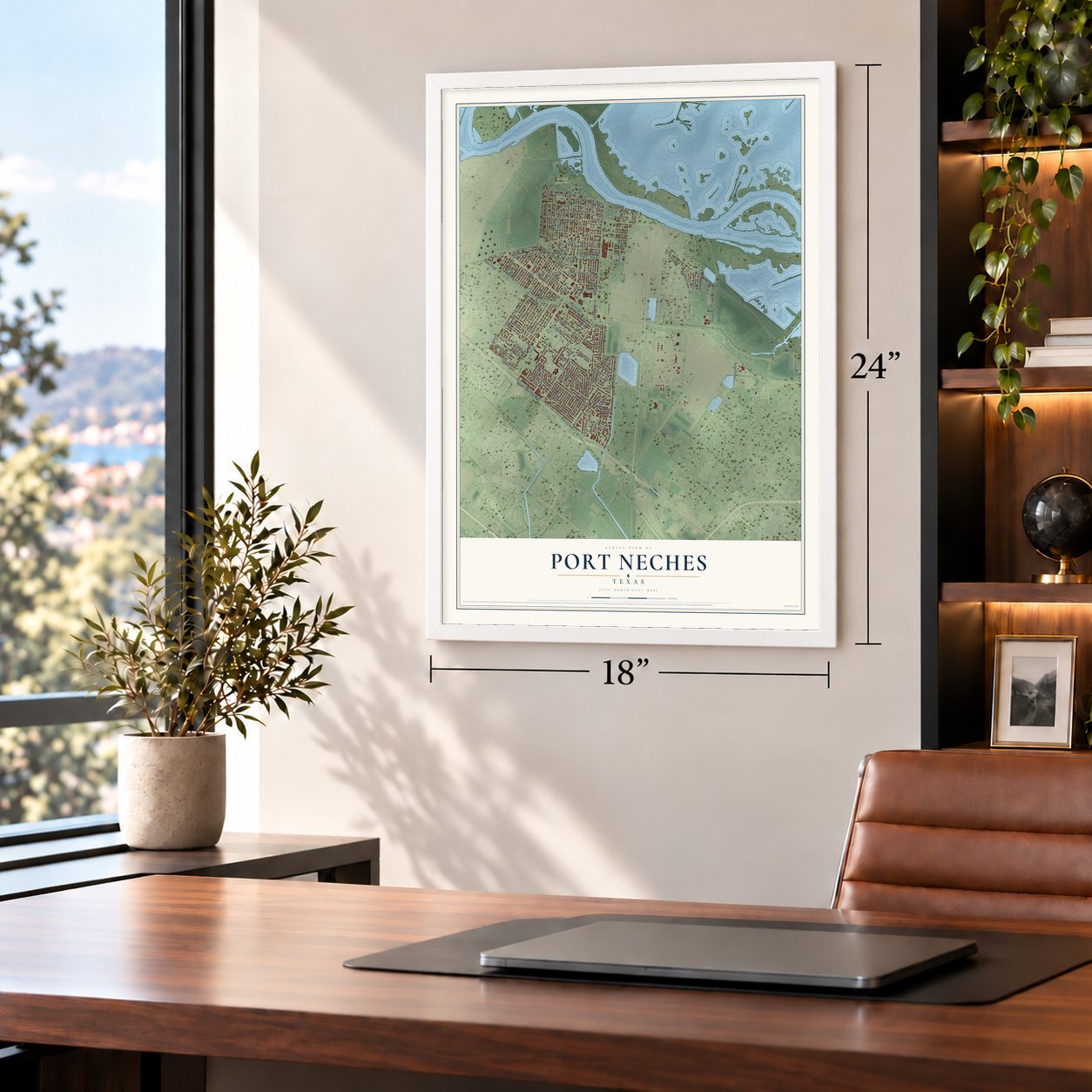 Port Neches, Texas map, 18 x 24 inch print in a white frame in a home office