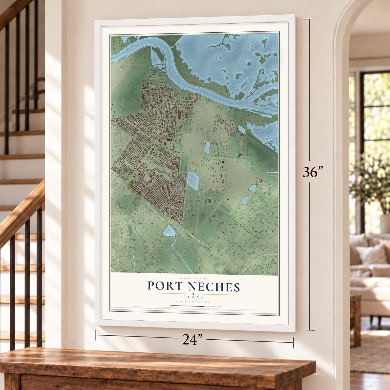 Port Neches, Texas map, 24 x 36 inch print in a white frame by a staircase
