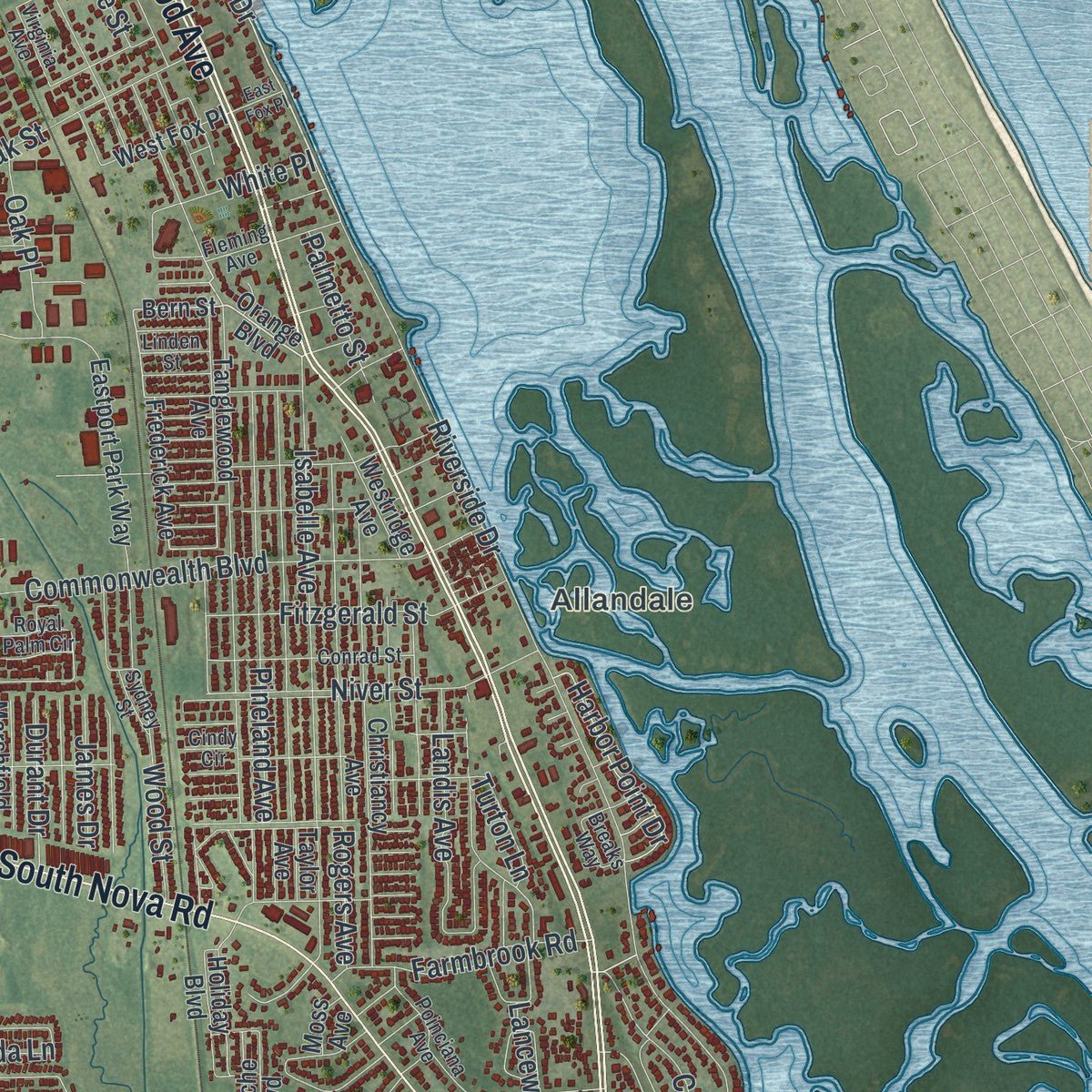 Second close-up of the map of Port Orange, Florida print showing more streets and buildings