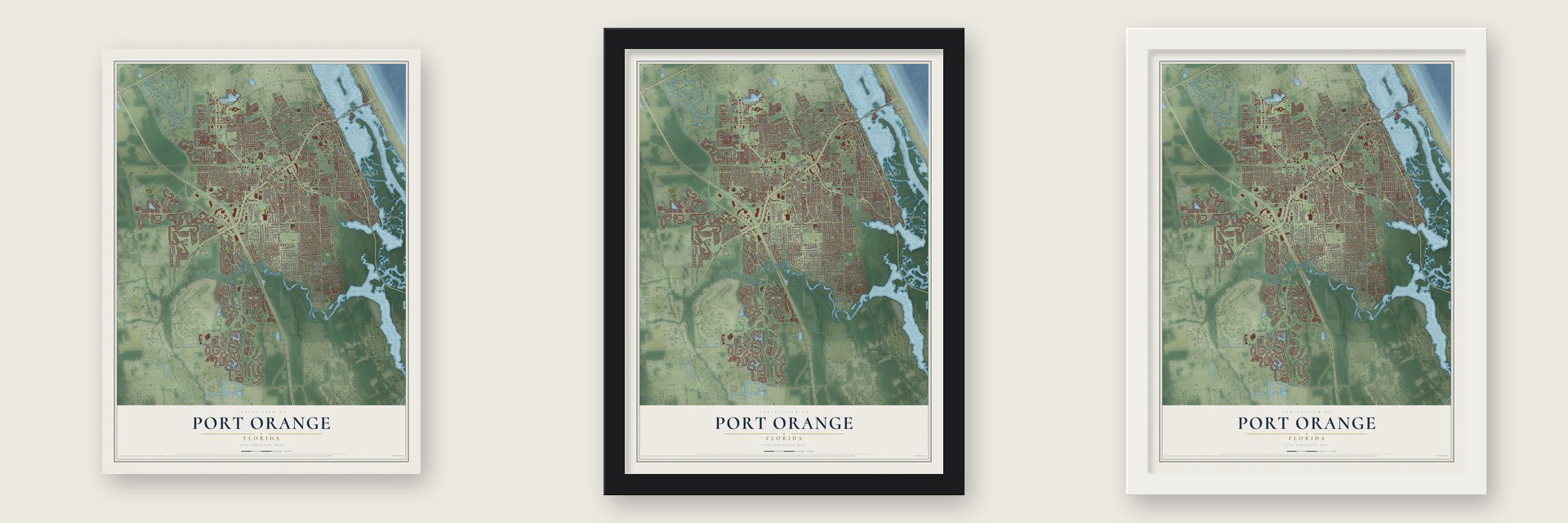 Port Orange, Florida map unframed, in a black wood frame and in a white wood frame