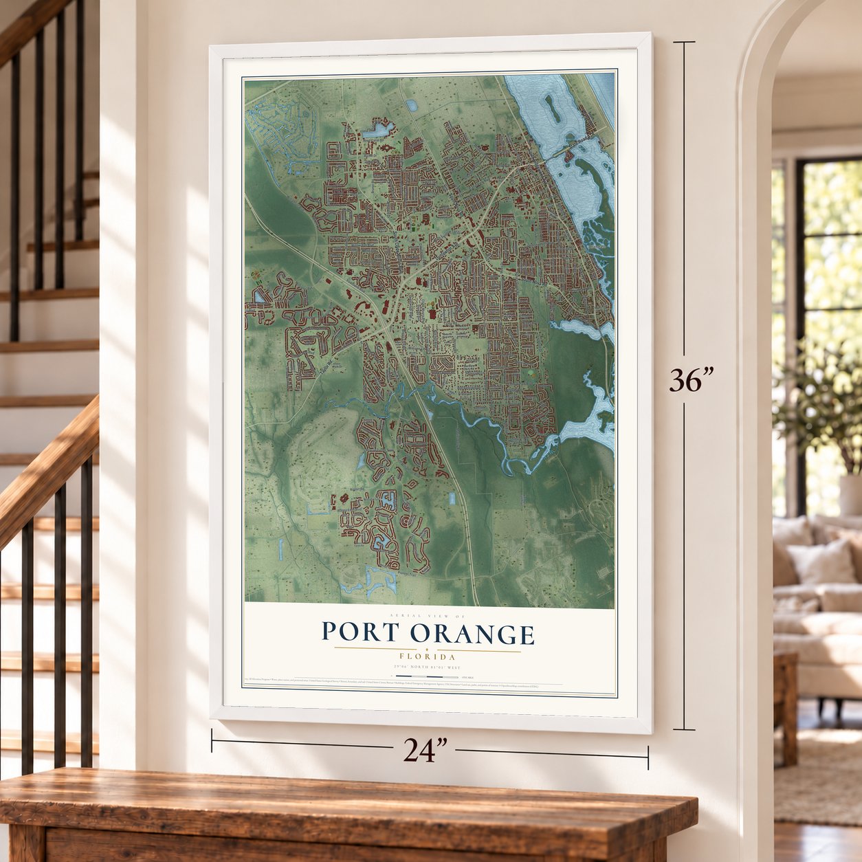 Port Orange, Florida map, 24 x 36 inch print in a white frame by a staircase