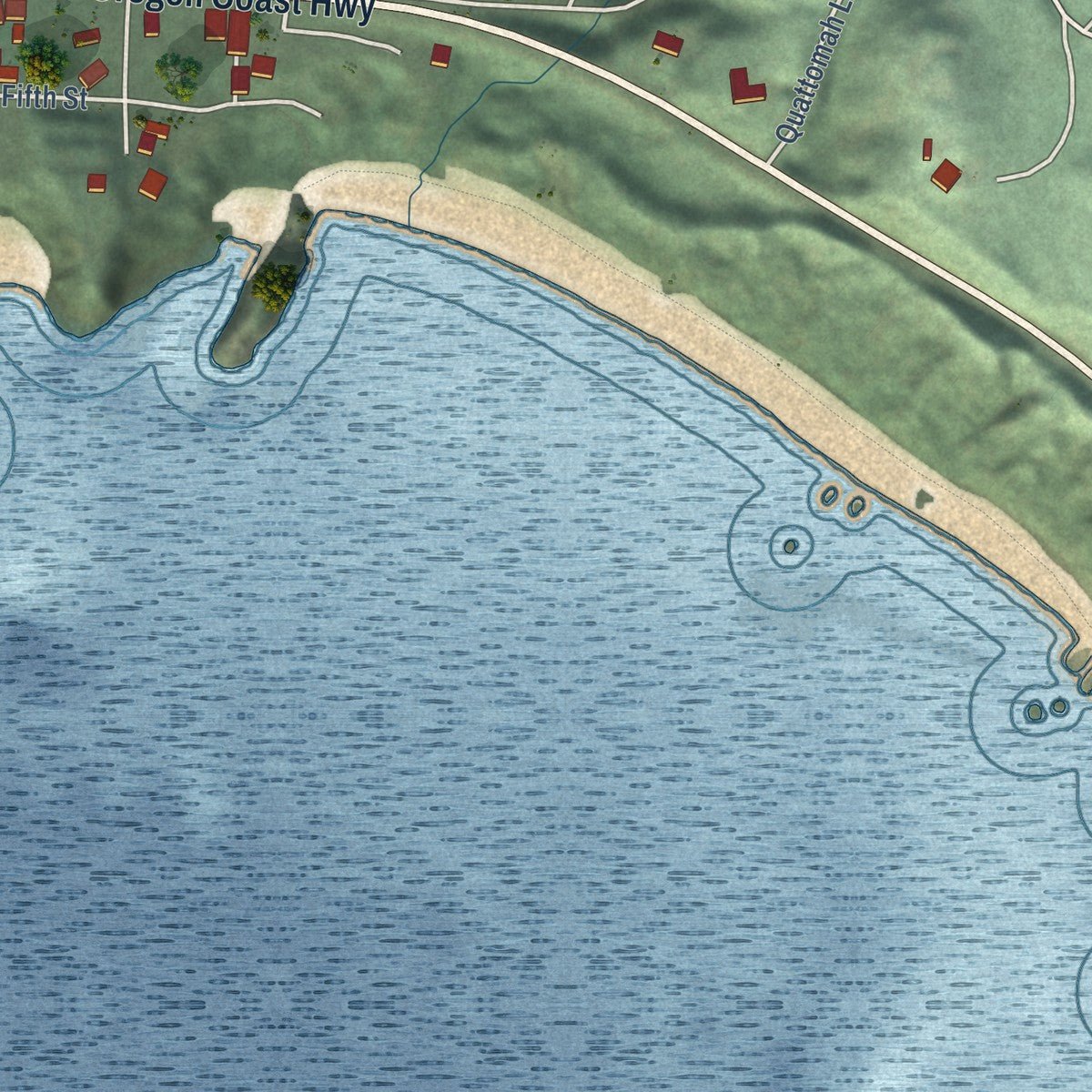 Second close-up of the map of Port Orford, Oregon print showing more streets and buildings