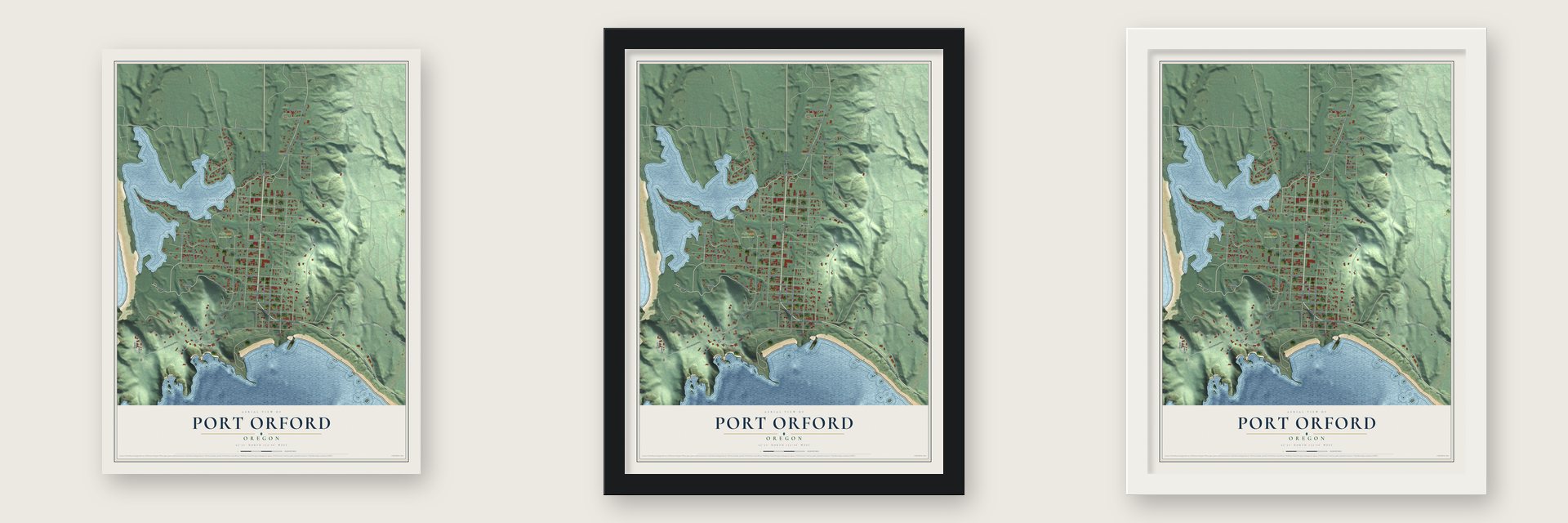 Port Orford, Oregon map unframed, in a black wood frame and in a white wood frame