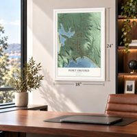 Port Orford, Oregon map, 18 x 24 inch print in a white frame in a home office