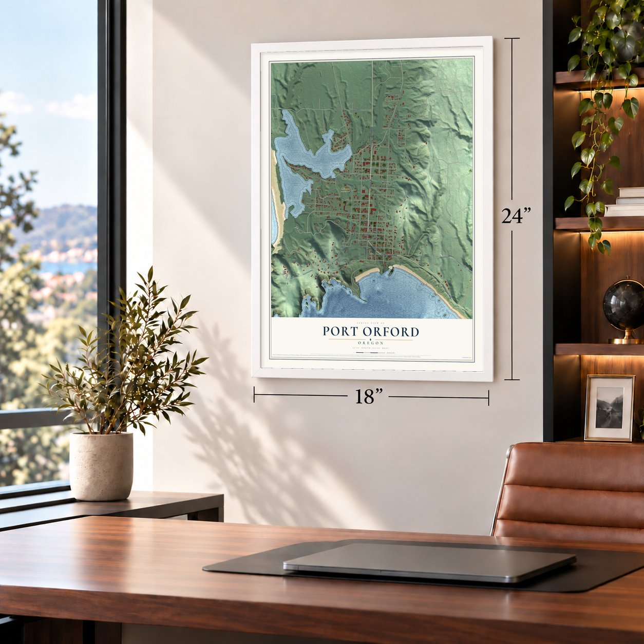 Port Orford, Oregon map, 18 x 24 inch print in a white frame in a home office