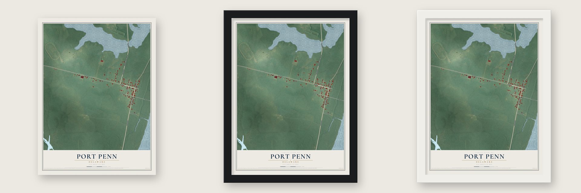 Port Penn, Delaware map unframed, in a black wood frame and in a white wood frame