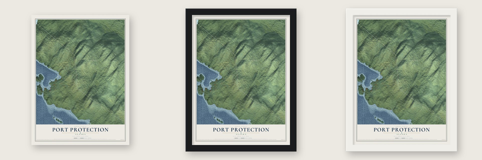 Port Protection, Alaska map unframed, in a black wood frame and in a white wood frame