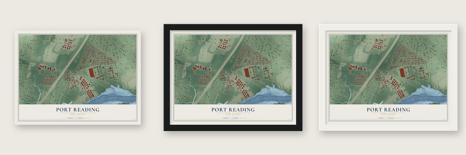 Port Reading, New Jersey map unframed, in a black wood frame and in a white wood frame
