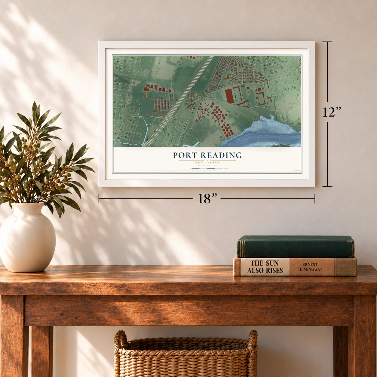 Port Reading, New Jersey map, 12 x 18 inch print in a white frame in an entryway