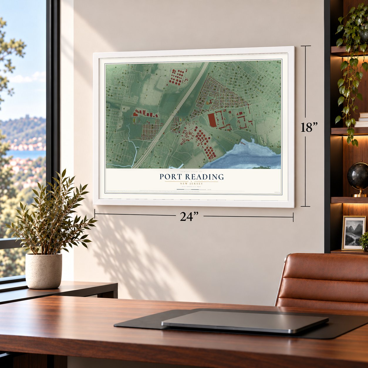 Port Reading, New Jersey map, 18 x 24 inch print in a white frame in a home office