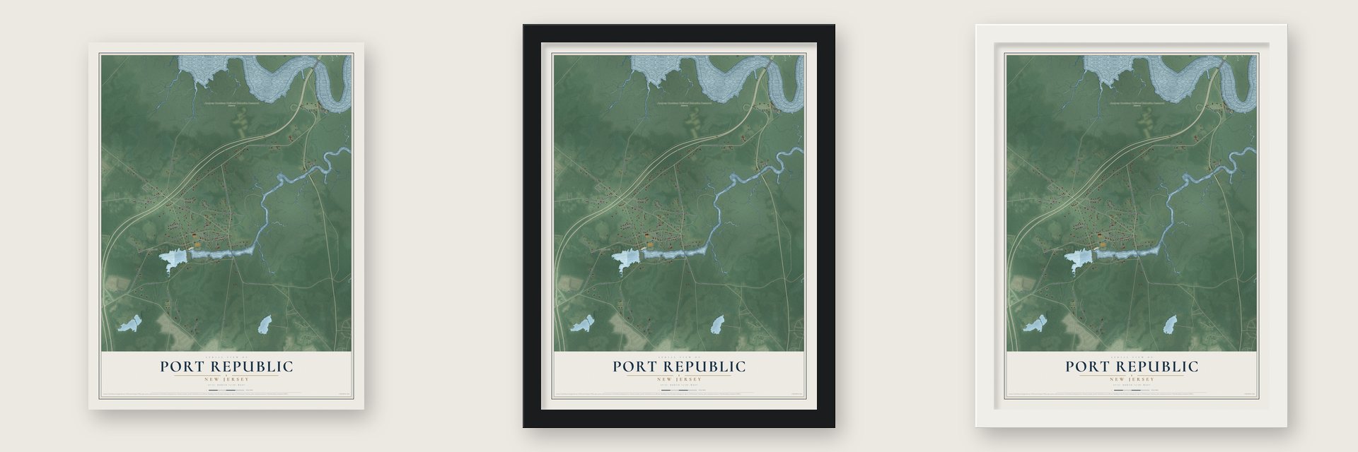 Port Republic, New Jersey map unframed, in a black wood frame and in a white wood frame