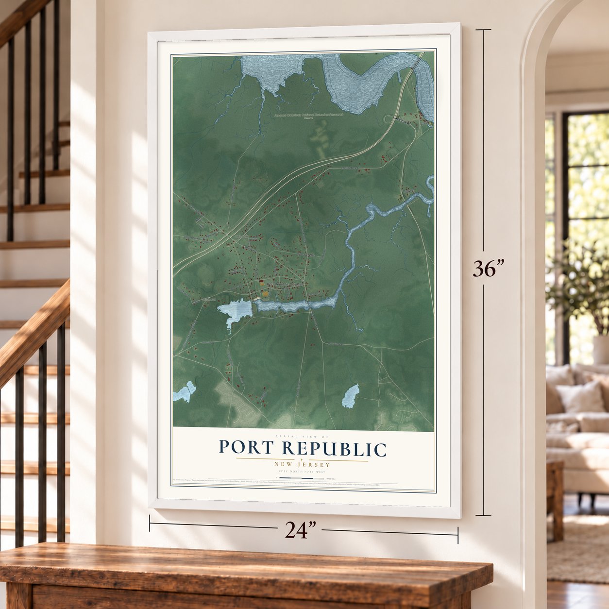 Port Republic, New Jersey map, 24 x 36 inch print in a white frame by a staircase