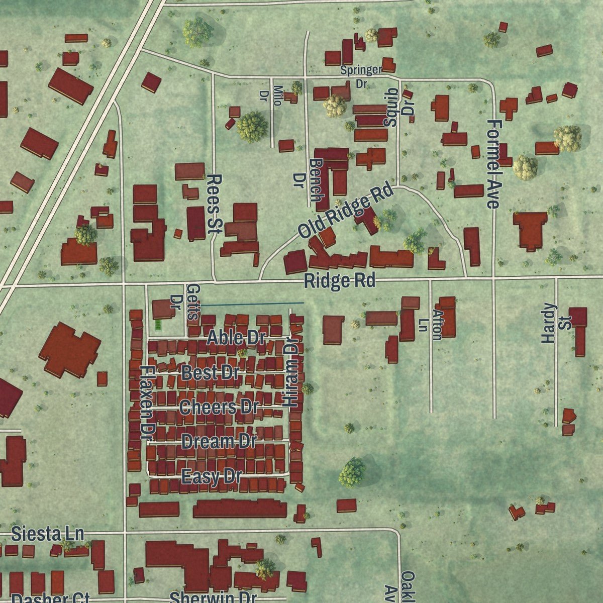 Second close-up of the map of Port Richey, Florida print showing more streets and buildings