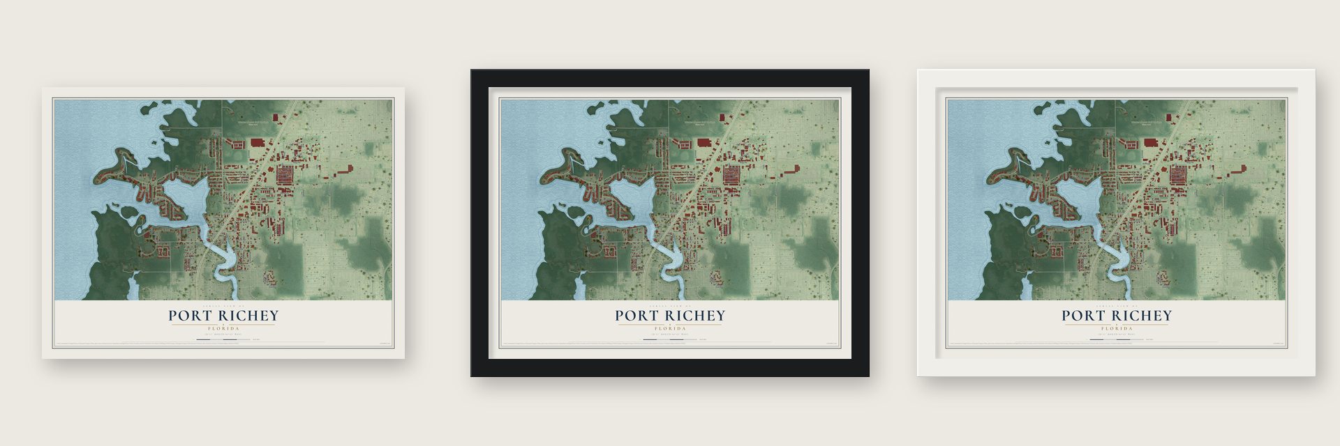 Port Richey, Florida map unframed, in a black wood frame and in a white wood frame