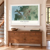 Port Richey, Florida map, 24 x 36 inch print in a white frame above a dresser by a staircase