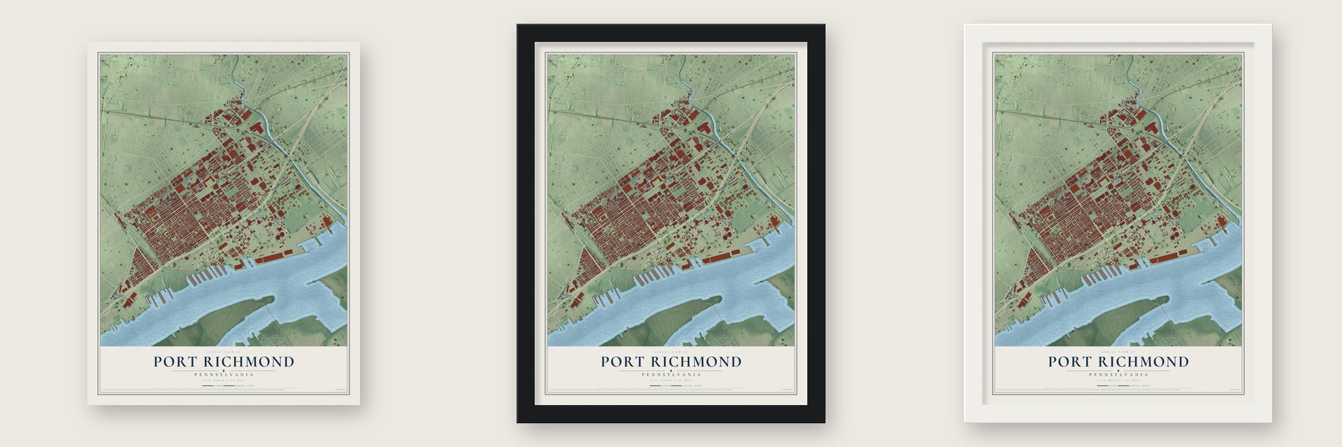 Port Richmond, Pennsylvania map unframed, in a black wood frame and in a white wood frame