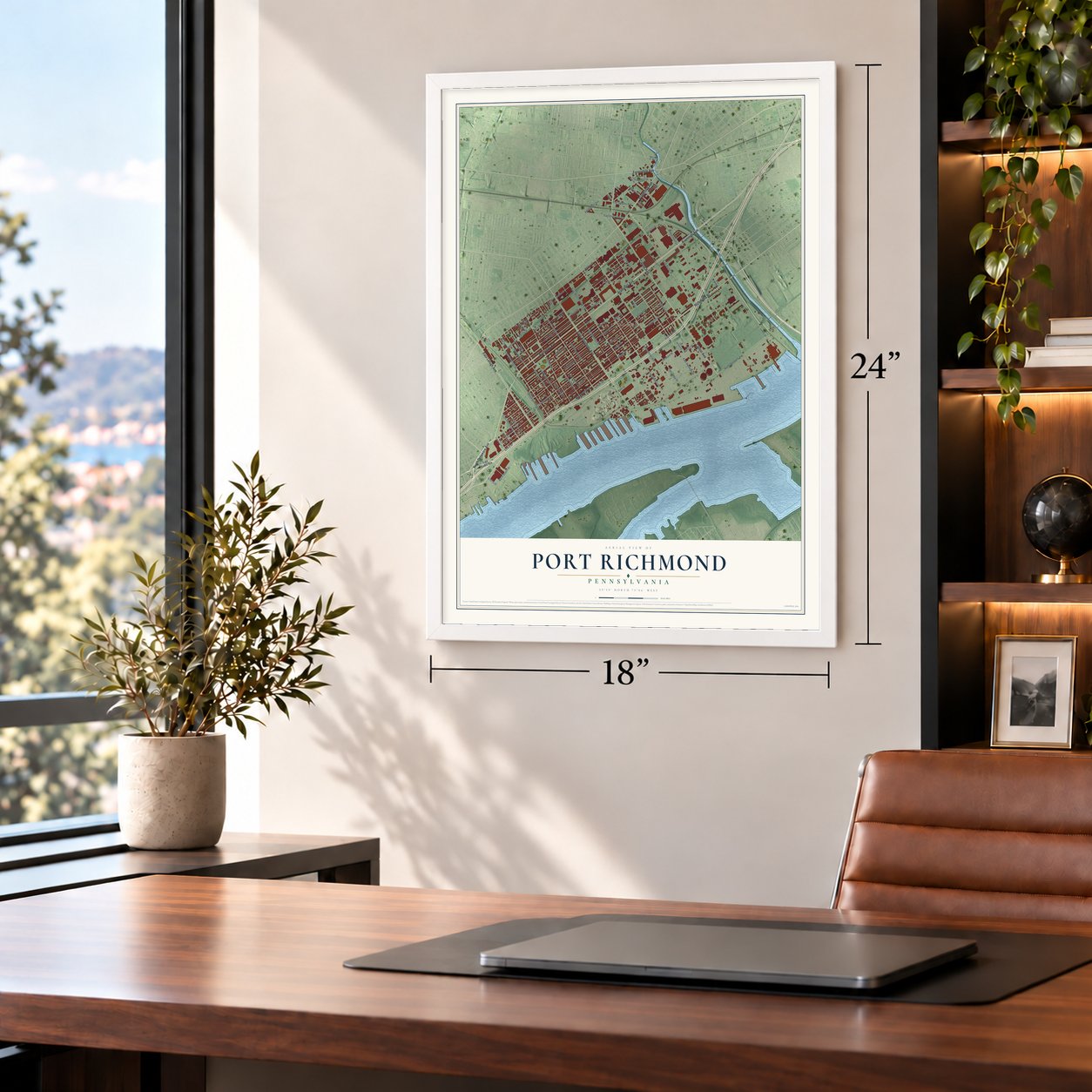 Port Richmond, Pennsylvania map, 18 x 24 inch print in a white frame in a home office