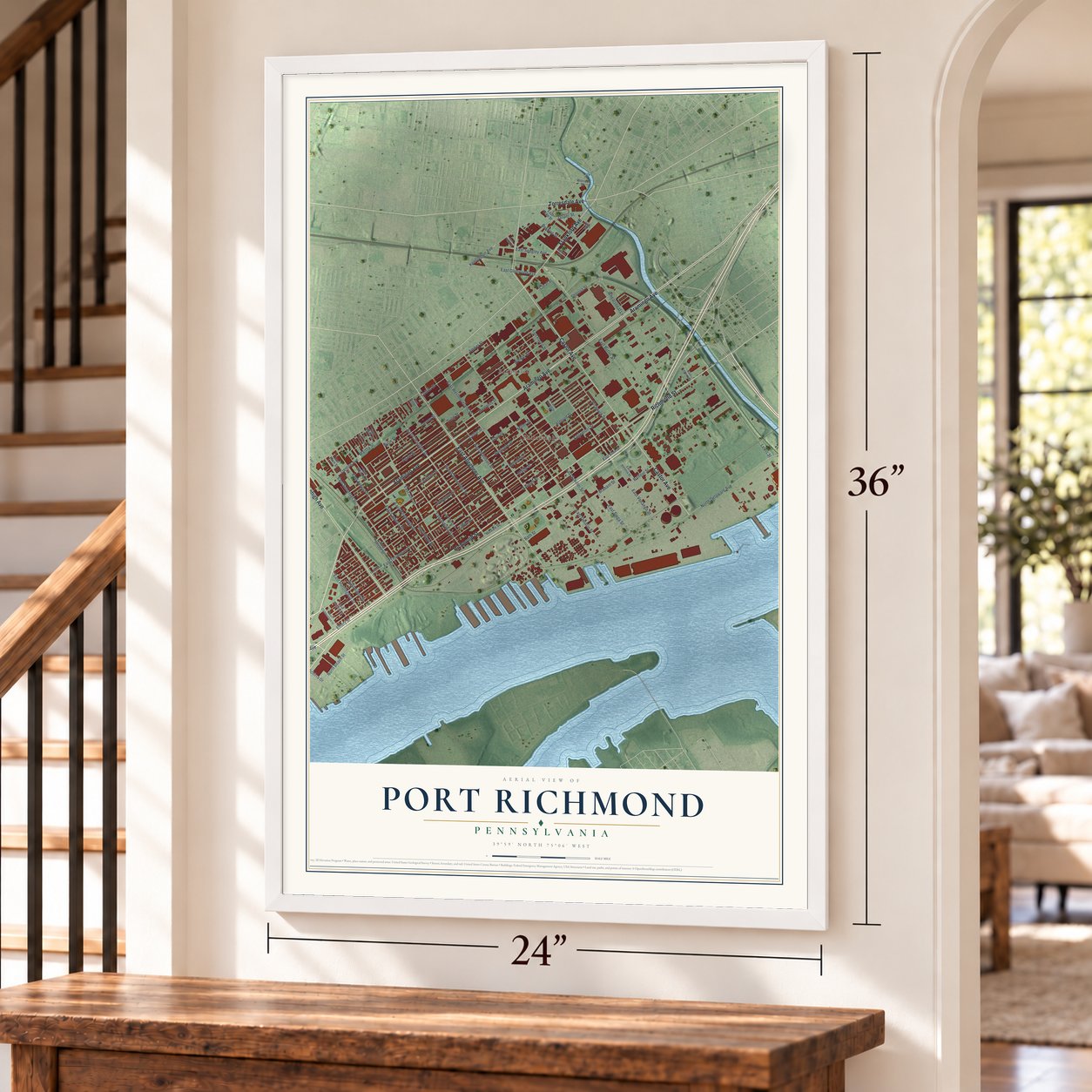 Port Richmond, Pennsylvania map, 24 x 36 inch print in a white frame by a staircase