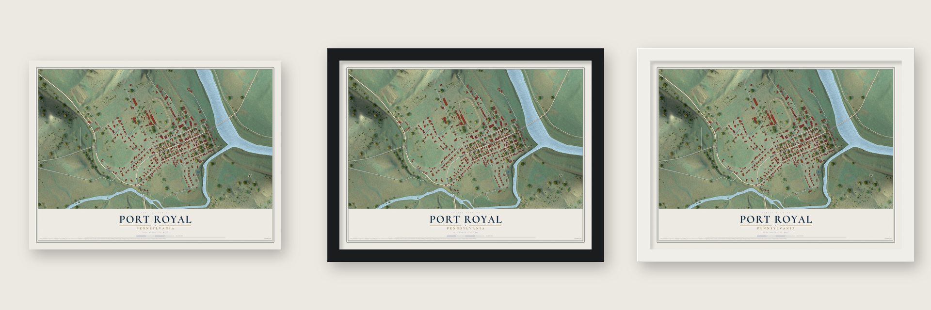 Port Royal, Pennsylvania map unframed, in a black wood frame and in a white wood frame