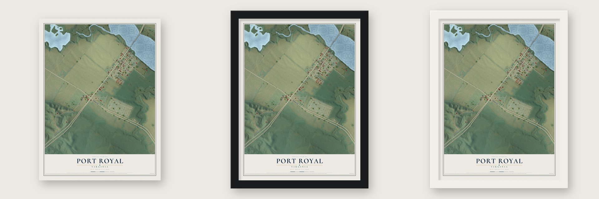 Port Royal, Virginia map unframed, in a black wood frame and in a white wood frame