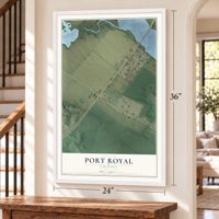 Port Royal, Virginia map, 24 x 36 inch print in a white frame by a staircase